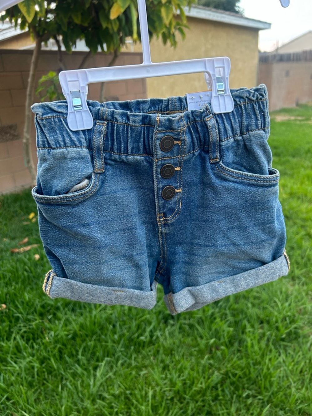 Girls' Elastic Waist Denim Shorts in Blue with Button-Front